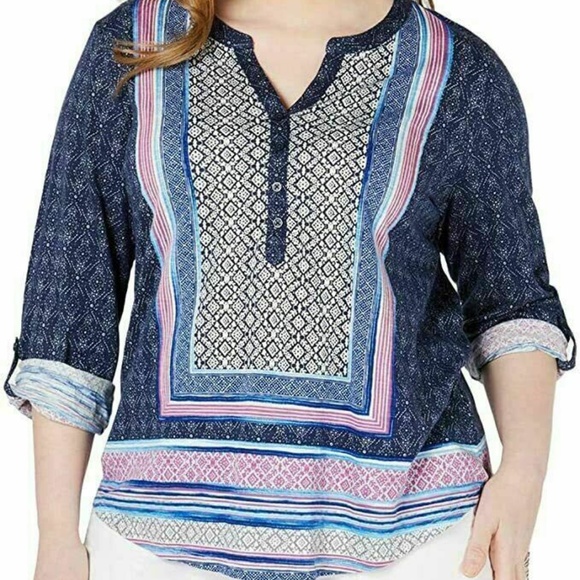 (NWT) Style&Co Women's Blue Multi Split Neck Roll Tab Sleeve Top - Picture 1 of 11